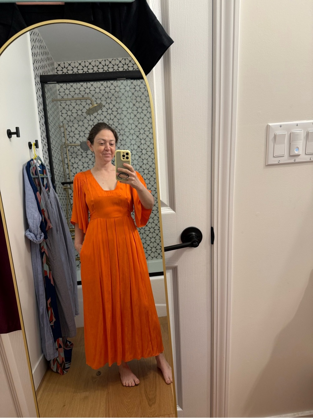 Anthropologie The Odells Orange Midi Dress with Flowy Sleeves